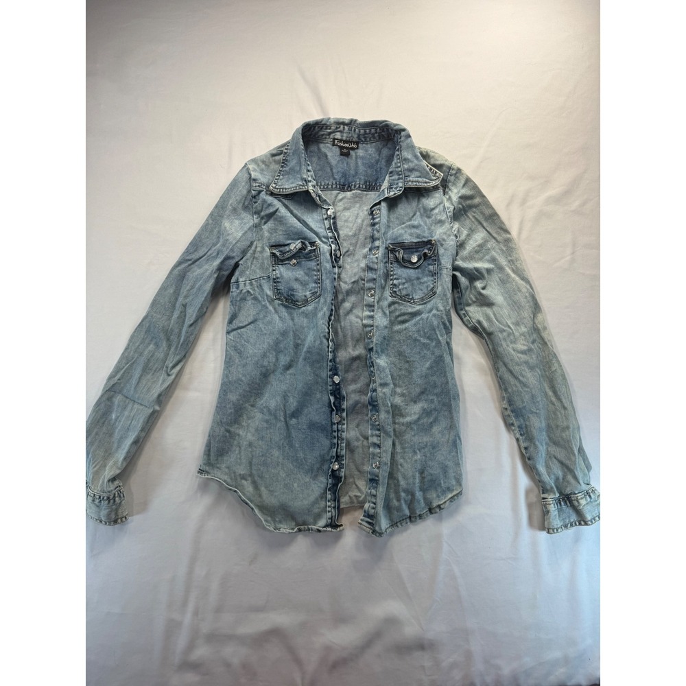 Fashion Web Womens Denim Shirt Light Wash Long Sleeve Button Down Blue Size M
